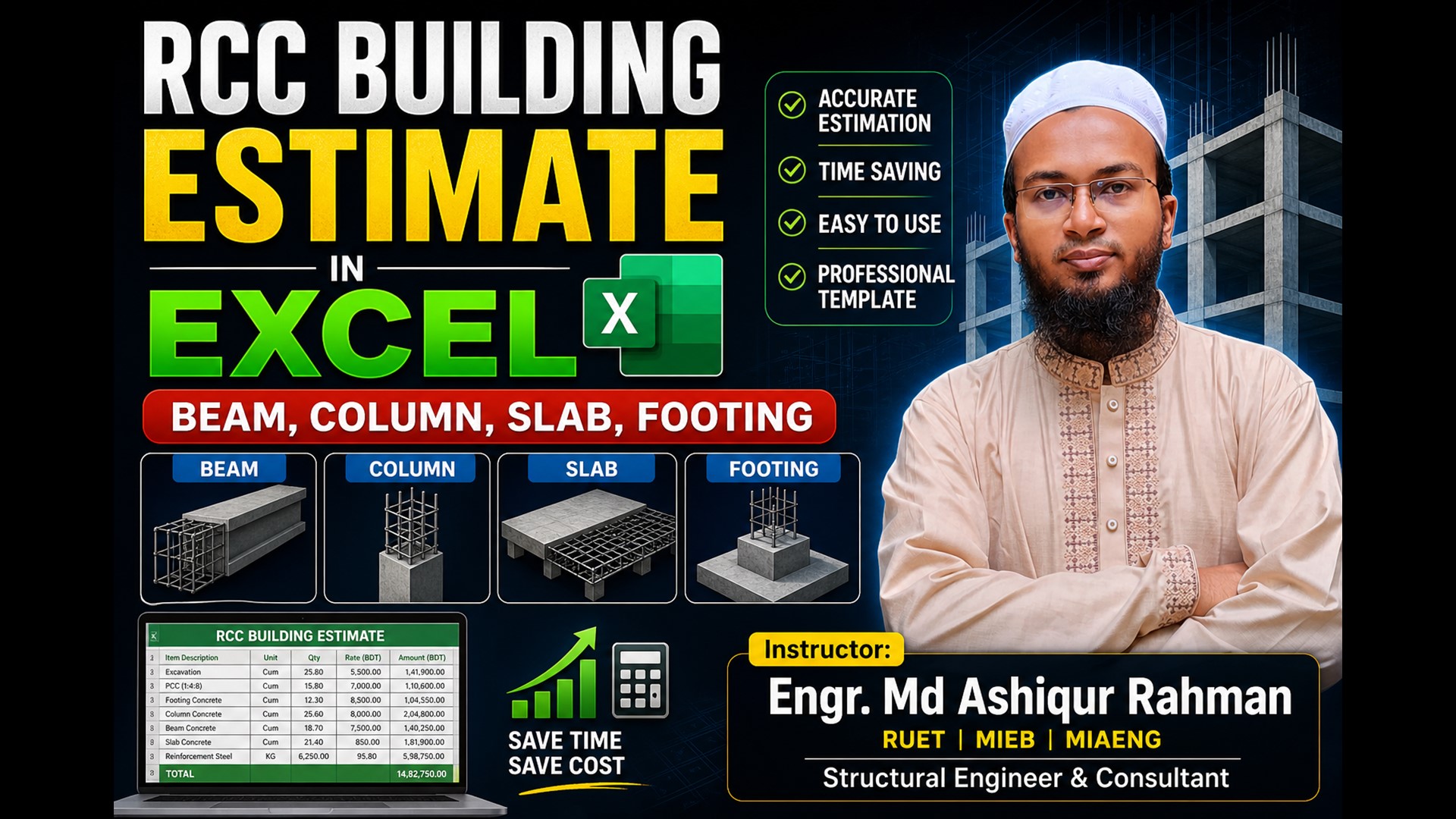Building Estimate in EXCEL (Beam, Column, Slab, Footing)